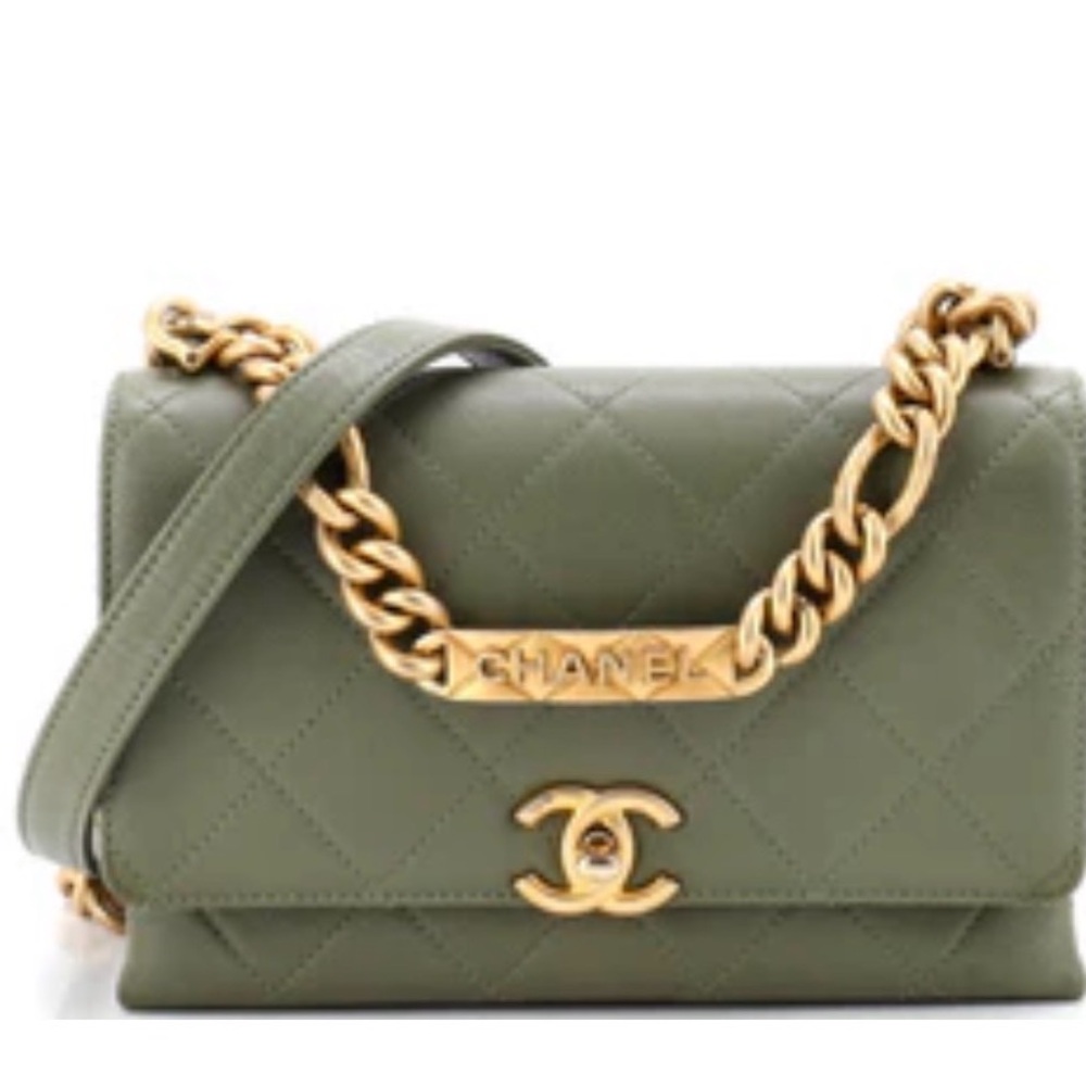 CHANEL Olive Green Quilted Leather Crossbody Bag with Gold Chain